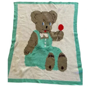 Vintage Crochet Knit Baby Teddy Bear Teal White Throw Nursery Crib Blanket